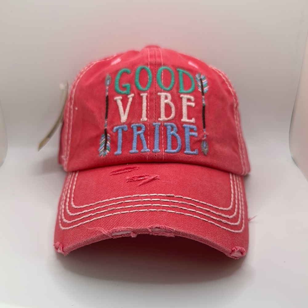 Pink 'Good Vibe Tribe' Embroidered Distressed Ball Cap
